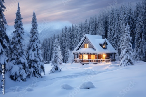 Christmas night with a quaint, snow-covered cabin nestled in the woods. Its windows shimmer with the warm light of candlelit luminaries, creating a magical and peaceful holiday atmosphere © Gbor