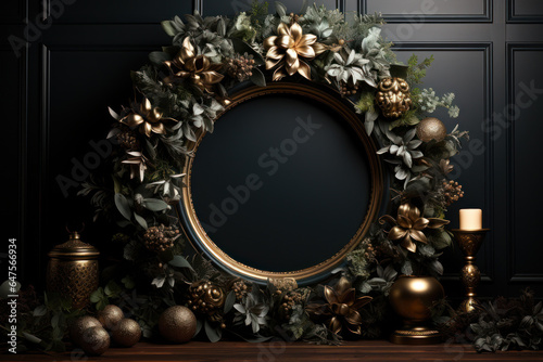 A minimalist black room with a focus on a stunning gold Christmas wreath hanging on the wall, adding a touch of festive elegance to the space. Generative Ai