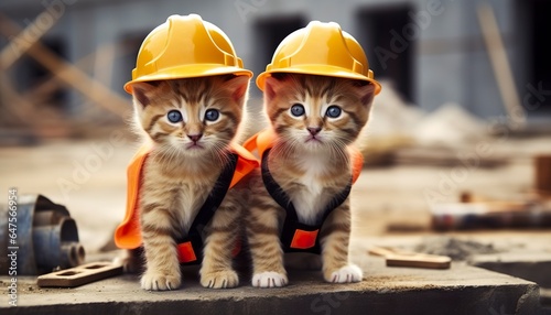 Two kittens wearing hard hats on a construction site.