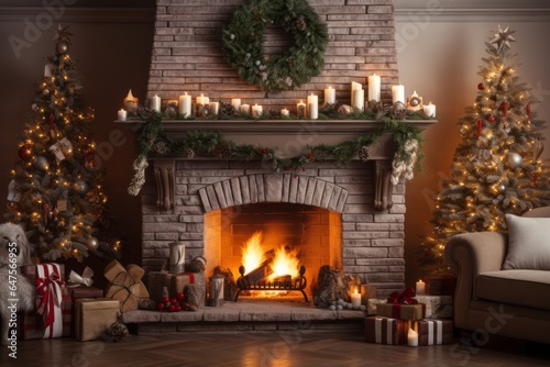 A cozy living room with a Christmas tree, presents, and a crackling fire in the fireplace