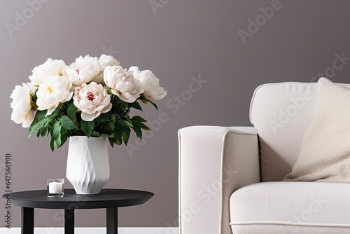 Vase of white peonies with coffee table and armchair near grey wall. © MdBaki