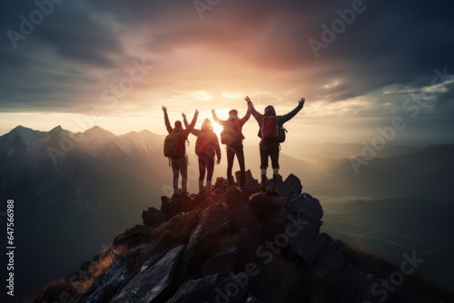 A group of friends hiking to the peak of a majestic mountain, celebrating their success. 