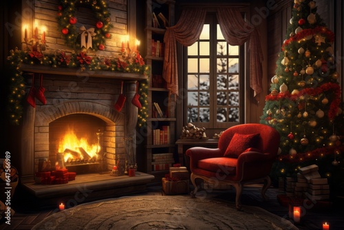 A cozy living room with a Christmas tree  presents  and a crackling fire in the fireplace