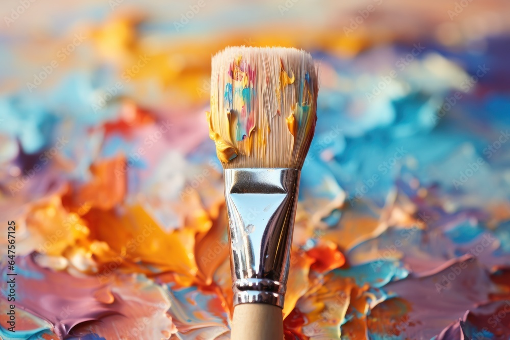 Fototapeta premium Macro shot brush painting on color canvas, Generative with Ai.