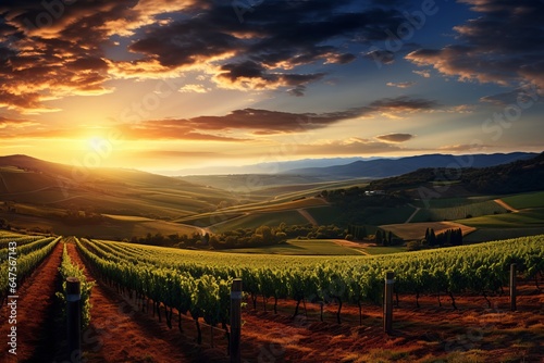 A panoramic shot of a picturesque vineyard at sunset. 