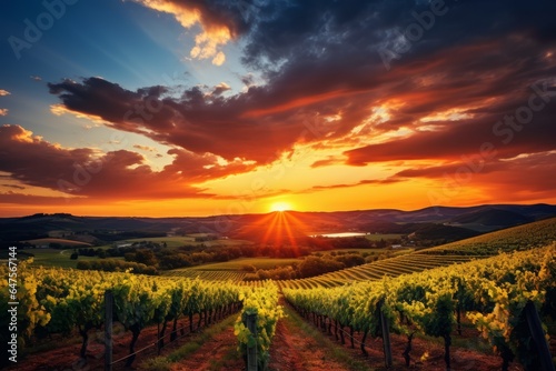 A panoramic shot of a picturesque vineyard at sunset. 