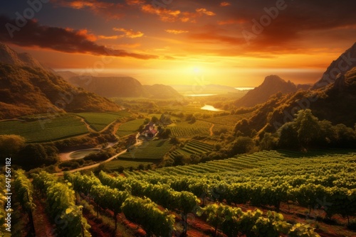 A panoramic shot of a picturesque vineyard at sunset. 