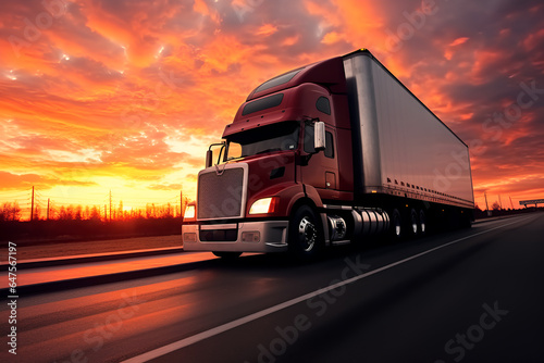 semi Trailer Trucks Parked with The Sunset Sky background