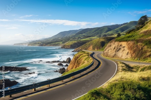A scenic road trip along a winding coastal highway with ocean views. 