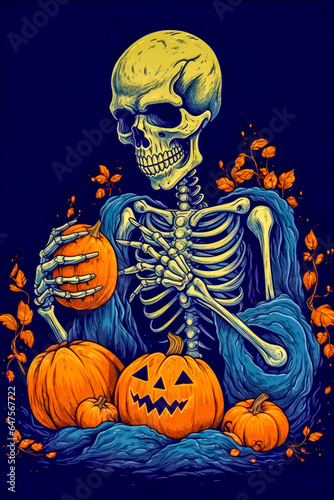 Cartoon illustration of a skeleton with Halloween pumpkins. Generative AI.