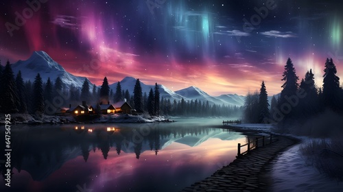 background, the winter aurora creates a stunning spectrum of colors in the night sky, including purple, green, and blue.