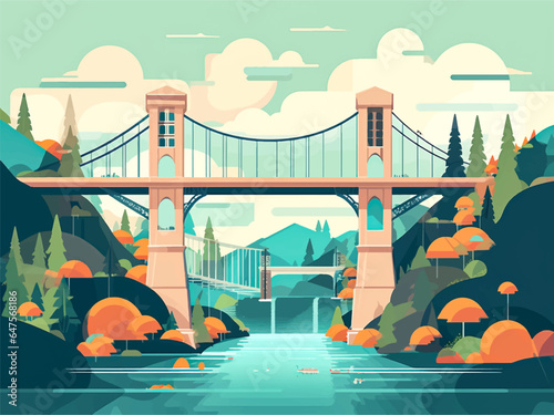 Flat design bridge landscape with sunset and river nature vector illustration