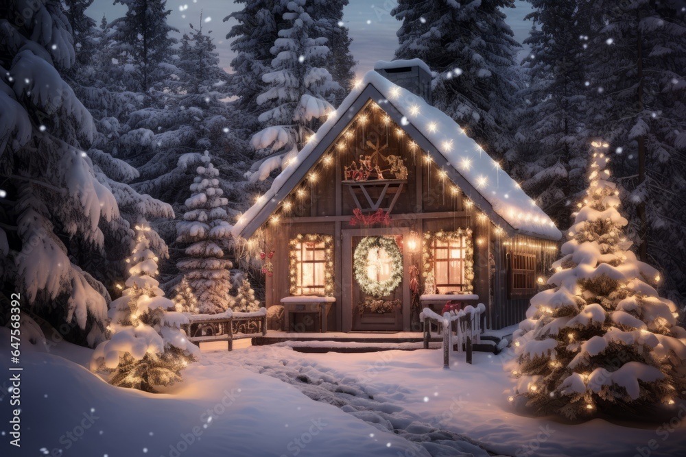 Christmas night with a quaint, snow-covered cabin nestled in the woods. Its windows shimmer with the warm light of candlelit luminaries, creating a magical and peaceful holiday atmosphere