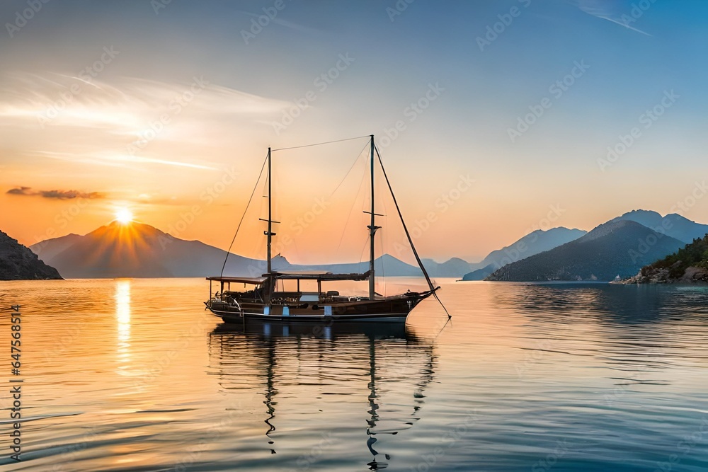 sailboat at sunset in the sea generated by AI tool.