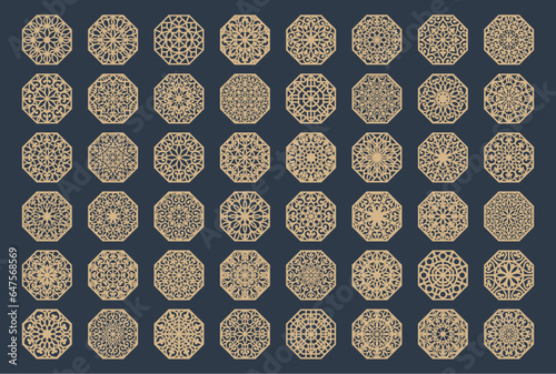 Lotus Mandala Vector Template Set for Cutting and Printing. Oriental silhouette ornament. Vector coaster design	