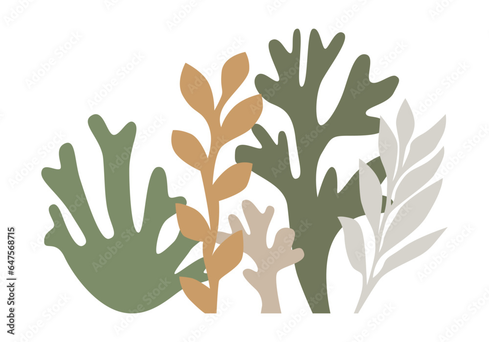 Abstract set of branches and algae for logos, wallpaper decoration and graphic works in three colors Abstract set of branches and algae for logos, wallpaper decoration and graphic works in three colors