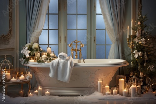 a luxurious bathroom transformed into a spa-like retreat for the winter Christmas holidays. Candles and evergreen boughs adorn the bathtub