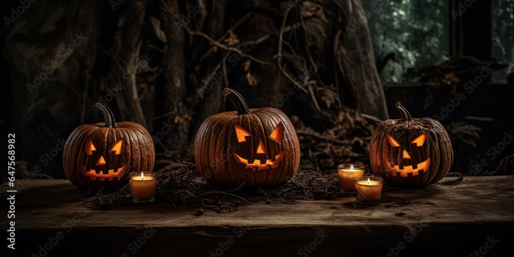 Illuminated halloween pumpkins on an old table. Generative AI. Illuminated halloween pumpkins on an old table. Generative AI.