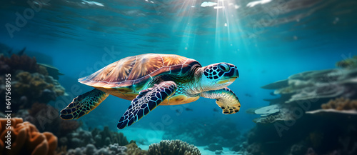 a green sea turtle swimming in a blue ocean