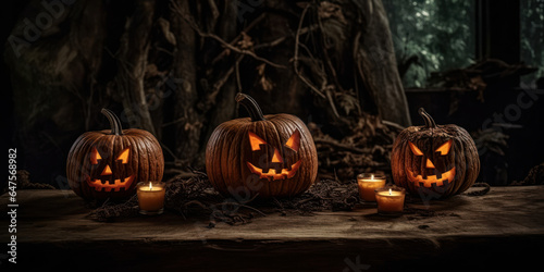 Illuminated halloween pumpkins on an old table. Generative AI.