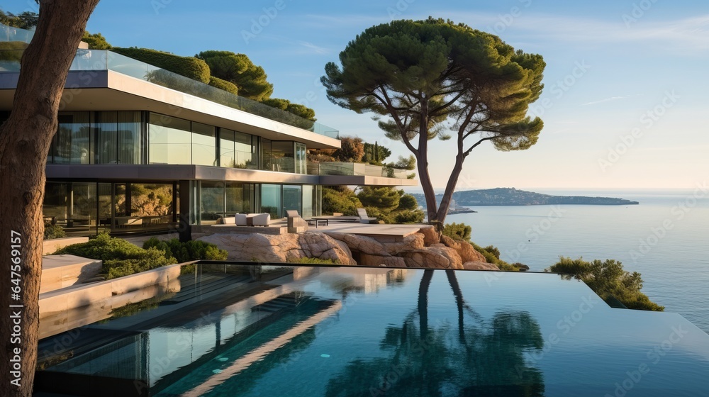 A modern coastal home with a minimalist design, situated on a cliff overlooking the sea, complete with a chic outdoor lounge and expansive terraces for enjoying the coastal vistas.