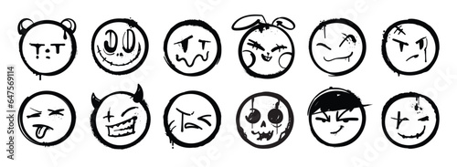 Set of graffiti face spray paint vector. Collection spray face emotion of smile face, angry, sad, cunning, happy, funny, silly. Design illustration for decoration, card, sticker. banner, street art.