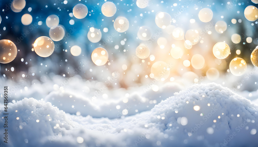 Accumulated snow and sparkling white bokeh background