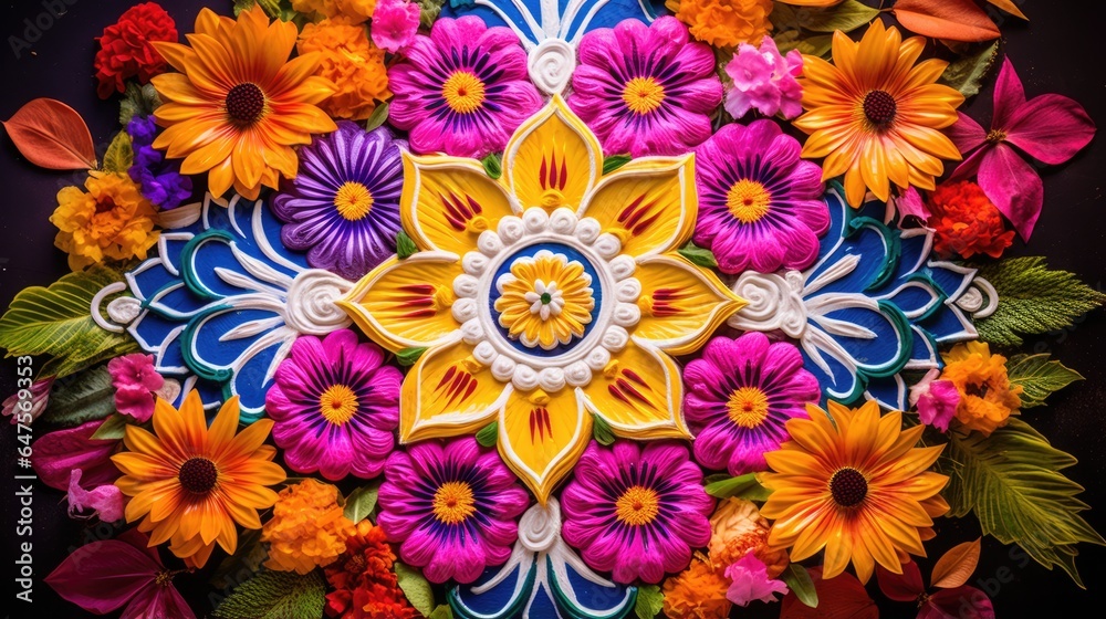 Rangoli colorful vibrant symbol of Diwali celebration background. Great indian festival of lights concept. Round Floral Ornament for greeting card design, wallpaper.