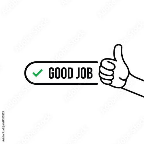 green tick with hand like good job. flat simple trend modern support logotype graphic art design isolated on white background. concept of encouraging message symbol and recognition or compliment sign