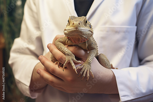 Fototapeta Hands of a veterinarian with a lizard in a veterinary clinic
