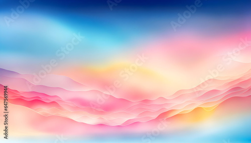 Abstract watercolor beautiful gradient background in bright colors. Sunset sky and white clouds, blue, pink and yellow.