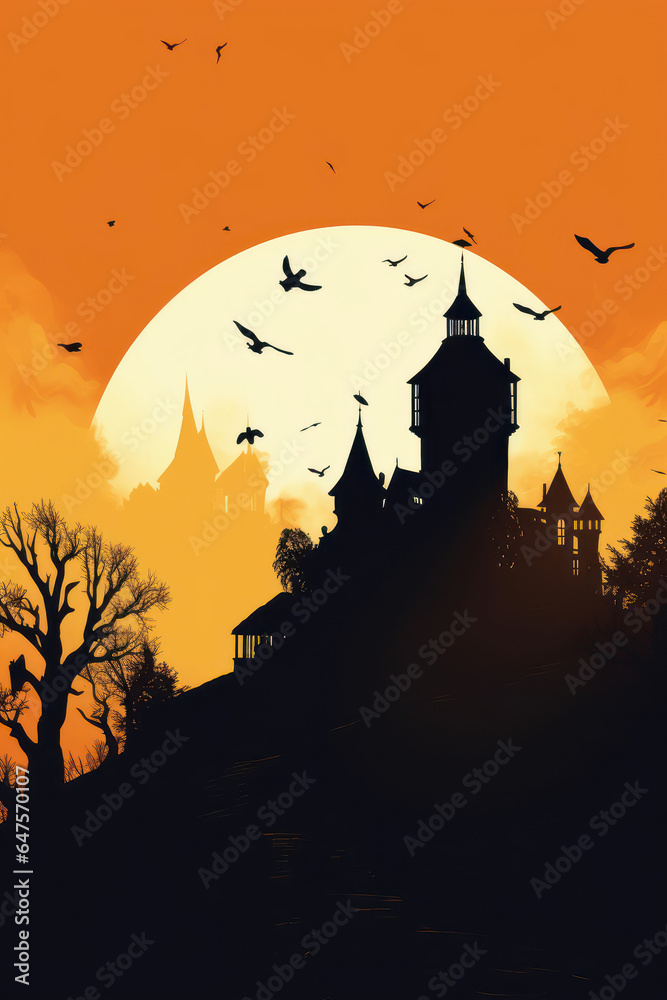 Backlight of a horror castle at sunset. Happy Halloween. Generative AI.