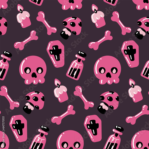 Seamless pattern of skull, coffin, bones, candles, poison, Amanita in pink and black colors on a gray background. Vector festive illustration in cartoon style for children on Halloween. Parti packages