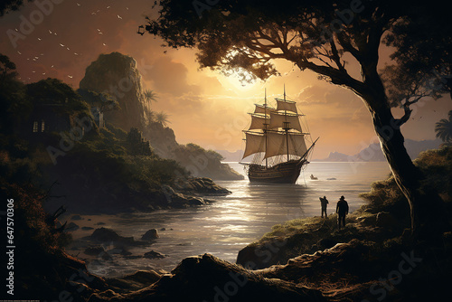 Sailing ship in the sea at sunset. 3D rendering.