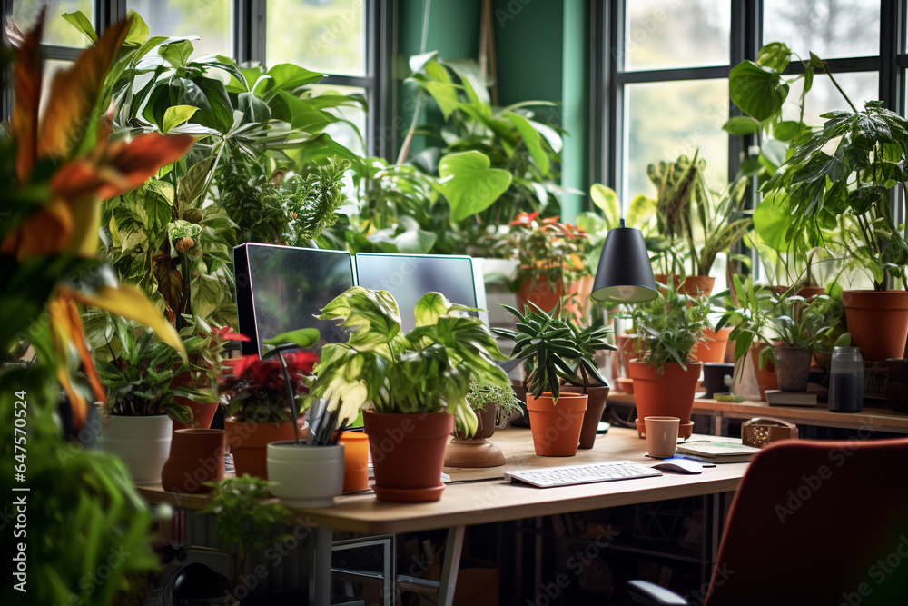 Interior of a modern bright home office. Freelancer's workplace. House plants at an employee's workplace. Cozy beautiful workplace
