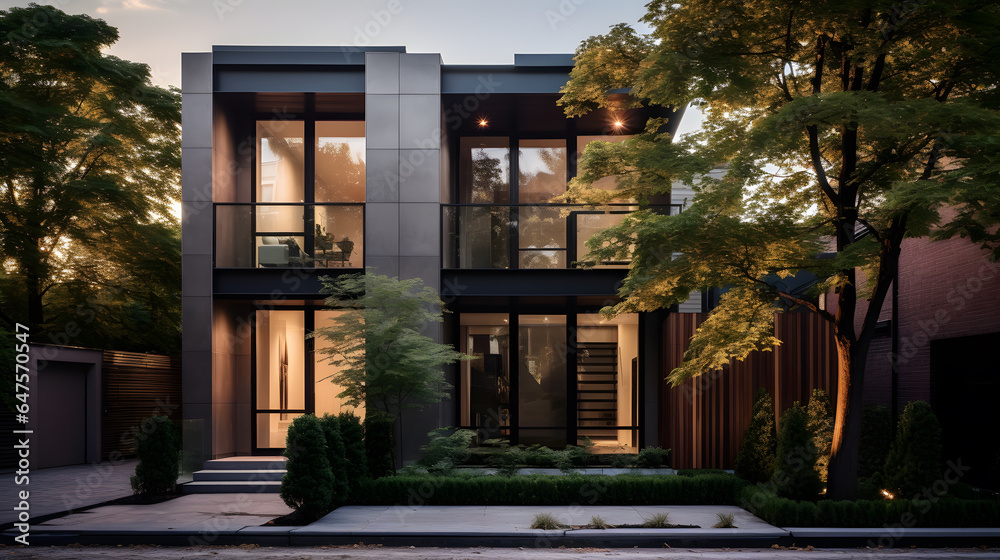 Explore the chic exterior of a modern townhouse in this photography. It showcases a well-designed facade with unique materials, landscaping, and lighting.