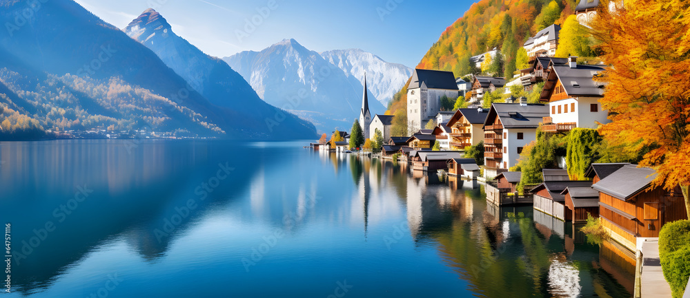 view of a beautiful small town on the lake shore with mountains in the background - obrazy, fototapety, plakaty 