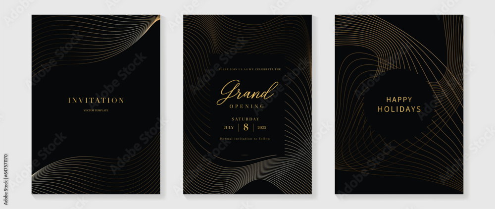 Luxury invitation card background vector. Golden curve elegant, gold line gradient on dark color background. Premium design illustration for gala card, grand opening, party invitation, wedding.