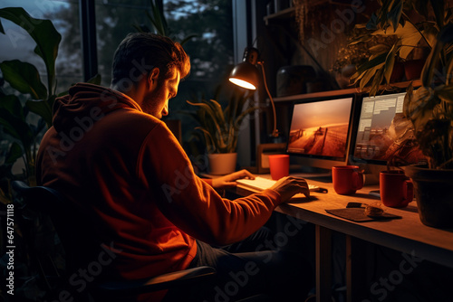 a freelancer who has the opportunity to set his own work schedule while working remotely. Young man working on a laptop from home