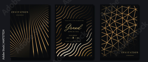 Luxury invitation card background vector. Golden curve elegant, gold line gradient on dark color background. Premium design illustration for gala card, grand opening, party invitation, wedding.