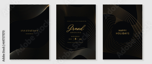 Luxury invitation card background vector. Golden curve elegant, gold line gradient on dark color background. Premium design illustration for gala card, grand opening, party invitation, wedding.