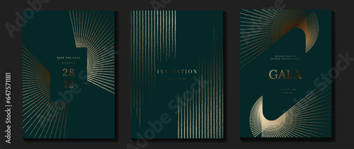 Luxury invitation card background vector. Golden curve elegant, gold line gradient on green color background. Premium design illustration for gala card, grand opening, party invitation, wedding.