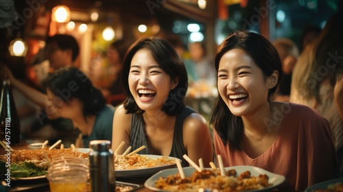 Asian women and friends Tourists enjoy eating traditional fried shrimp gyoza together at the Bangkok night market  in Thailand.