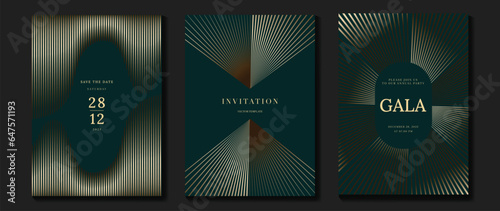 Luxury invitation card background vector. Golden curve elegant, gold line gradient on green color background. Premium design illustration for gala card, grand opening, party invitation, wedding.