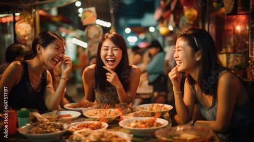 Asian women and friends Tourists enjoy eating traditional fried shrimp gyoza together at the Bangkok night market, in Thailand. © sirisakboakaew