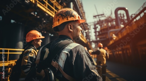 Oil and gas industry workers climb onto a pressurized gas container to inspect the dehydration process of oil and gas on top of the ship. photo