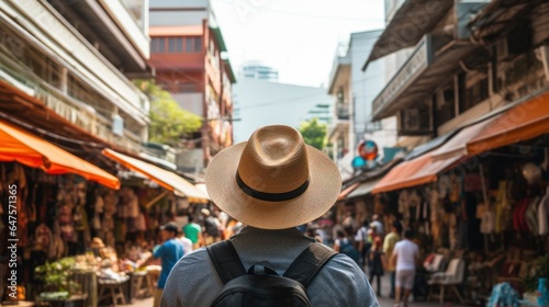 Behind-the-scenes shot of a young Asian backpacker wearing a hat at the Khao San Road outdoor market in Bangkok.