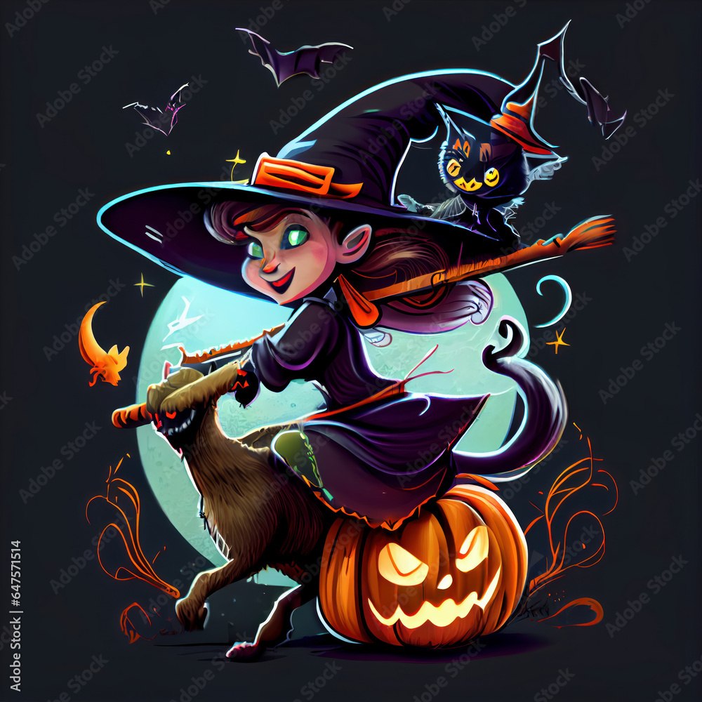 Cartoon of a witch, with her broom, a cat and a halloween pumpkin. Generative AI.