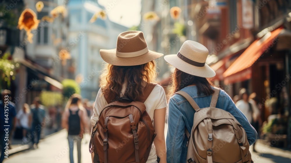 Two happy female friends with suitcases walk across the street together on a sunny day outdoors in Chinatown. Japanese women traveling to China Two happy female friends with suitcases walk across the street together on a sunny day outdoors in Chinatown. Japanese women traveling to China
