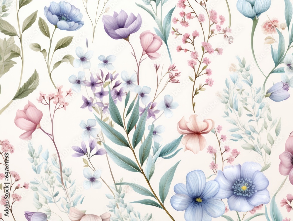 The pattern features delicate wildflowers in an elegant style. Opt for a soft and dreamy color scheme with pale blues, lavenders, and blush pinks The composition should feel light and airy